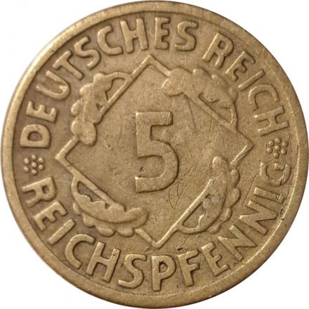 Веймарская республика 5 рейхспфеннигов 1926 год (A)