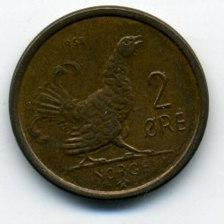 Монета Норвегия 2 эре 1958 год - Король Улаф V