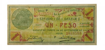 Мексика 1 песо 1915 год - Генеральный казначей штата Оахаса - серия Р - бумага без линий - ХF+