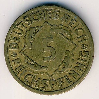 Веймарская республика 5 рейхспфеннигов 1930 год (A)