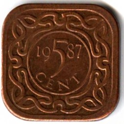 Монета Суринам 5 центов 1987 год