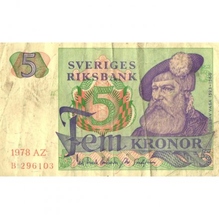 Швеция 5 крон 1978 год - Король Густав I. Стилизованные глухарь и ель - F-VF