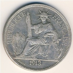 Монета Французский Индокитай 1 пиастр 1913 год
