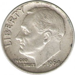США 1 дайм (10 центов) 1964 год - Франклин Рузвельт (без отметки МД)