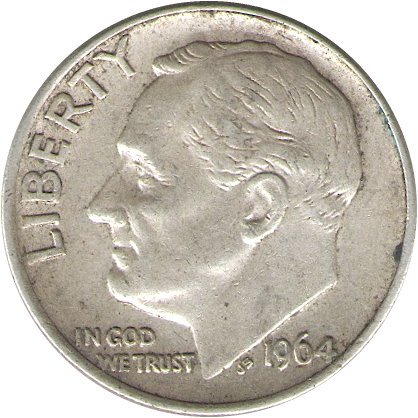 США 1 дайм (10 центов) 1964 год - Франклин Рузвельт (без отметки МД)