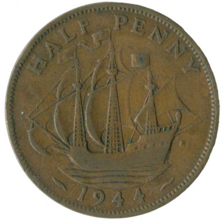 Великобритания 1/2 пенни 1944 год - Король Георг VI. Корабль «Золотая лань»