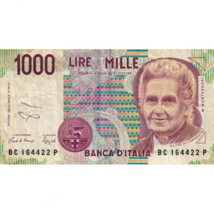 Италия 1000 лир 1990 год - Мария Монтессори. Учитель и ученик - F