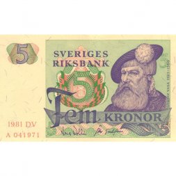 Швеция 5 крон 1981 год - Король Густав I. Стилизованные глухарь и ель - UNC