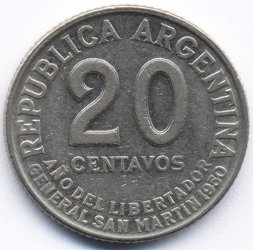 Аргентина 20 сентаво 1950 год - Хосе де Сан-Мартин (CuNi)