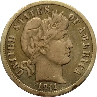 США 1 дайм (10 центов) 1911 год (без отметки монетного двора)