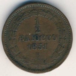 Монета Папская область 1/2 байоччо 1851 год