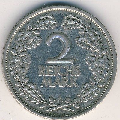 Веймарская республика 2 рейхсмарки 1927 год (A)