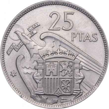 Испания 25 песет 1957 год - Франсиско Франко (70 внутри звезды)