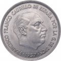 Испания 25 песет 1957 год - Франсиско Франко (70 внутри звезды)