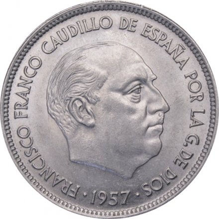 Испания 25 песет 1957 год - Франсиско Франко (70 внутри звезды)