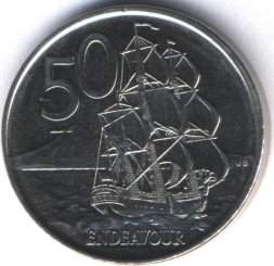 Новая Зеландия 50 центов 2014 год - Парусник "ENDEAVOUR"