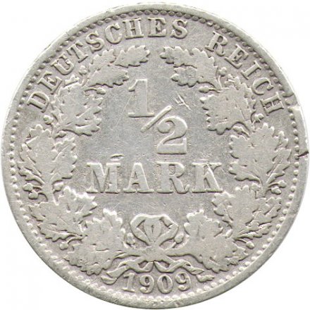 Германия 1/2 марки 1909 год (А)