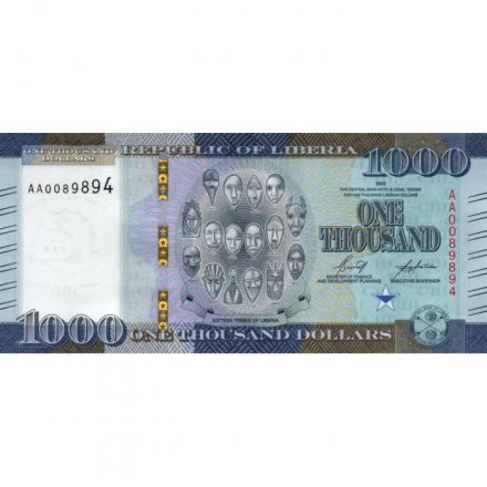 Либерия 1000 долларов 2022 год - 16 племенных масок UNC