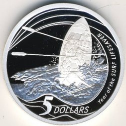 Австралия 5 долларов 2007 год - Год спасателя серфингистов