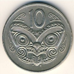 Монета Новая Зеландия 10 центов 1987 год - Маска маори