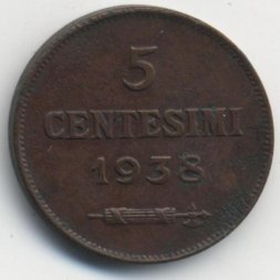 Сан-Марино 5 чентезимо 1938 год