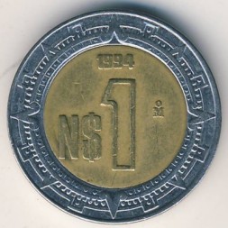 Монета Мексика 1 новый песо 1994 год - Хохлатый сокол