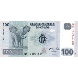 Конго 100 франков 2007 год - Саванный слон. Гидроэлектростанция Инга II UNC