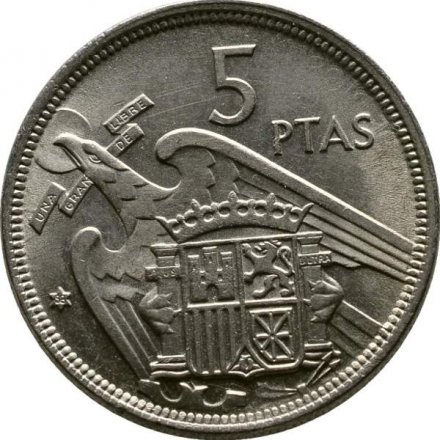 Испания 5 песет 1957 год - Франсиско Франко (58 внутри звезды)