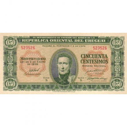 Уругвай 50 сентесимо 1939 год - Портрет Хосе Хервасио Артигаса UNC