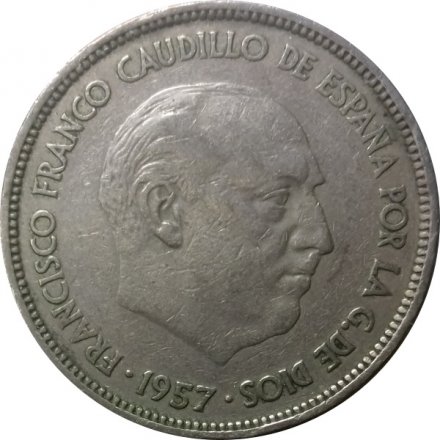 Испания 25 песет 1957 год - Франсиско Франко (58 внутри звезды)
