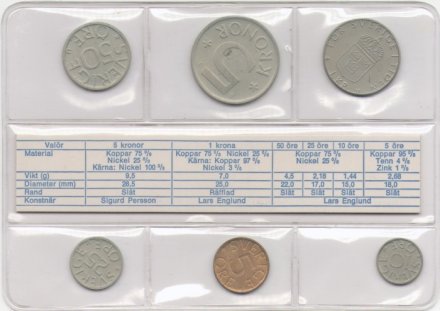 Годовой набор из 6 монет Швеция 1977 года в банковской упаковке