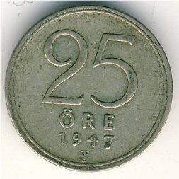 Швеция 25 эре 1947 год (серебро, "SVERIGE" на аверсе)