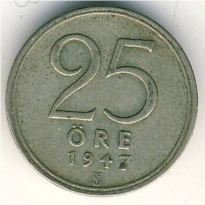 Швеция 25 эре 1947 год (серебро, &quot;SVERIGE&quot; на аверсе)