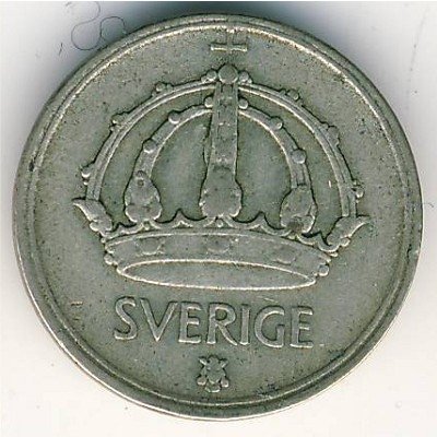Швеция 25 эре 1947 год (серебро, &quot;SVERIGE&quot; на аверсе)