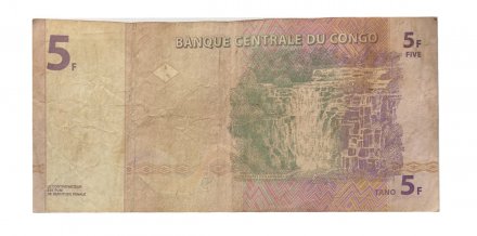 Конго 5 франков 1997 год - Белый носорог. Водопад - VF (редкая)