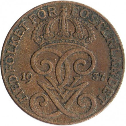 Швеция 2 эре 1937 год - Король Густав V