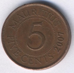 Монета Маврикий 5 центов 2007 год