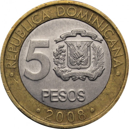 Доминиканская республика 5 песо 2008 год - Франсиско дель Росарио Санчес (магнетик)