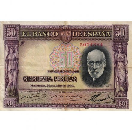 Испания 50 песет 1935 год - Сантьяго Рамон-и-Кахаль - VF