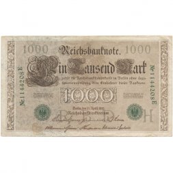 Германия 1000 марок 1910 год (зеленая печать) - F-VF
