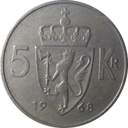 Норвегия 5 крон 1968 год - Король Улаф V