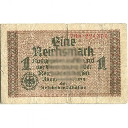 Третий Рейх (Германия) 1 рейхсмарка 1939-1945 год - Для оккупированных территорий - VG