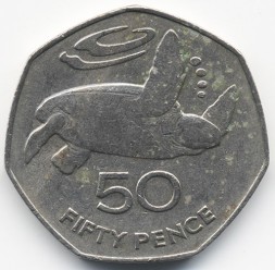 Монета Остров Святой Елены и острова Вознесения 50 пенсов 1991 год - Зелёная морская черепаха