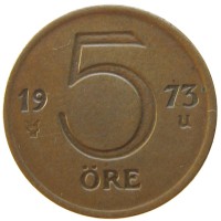 Монета Швеция 5 эре 1973 год - Король Густав VI Адольф