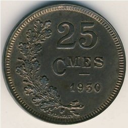 Люксембург 25 сантимов 1930 год - Великая герцогиня Шарлотта
