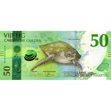 Кюрасао и Синт-Мартен 50 гульденов 2025 год - Зеленая морская черепаха. Пляж на острове Кюрасао UNC