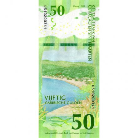 Кюрасао и Синт-Мартен 50 гульденов 2025 год - Зеленая морская черепаха. Пляж на острове Кюрасао UNC