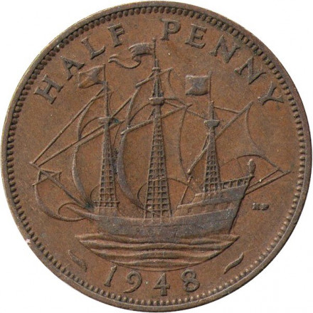 Великобритания 1/2 пенни 1948 год - Король Георг VI. Корабль «Золотая лань»