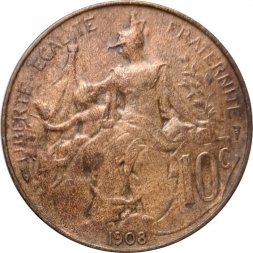 Франция 10 сантимов 1908 год