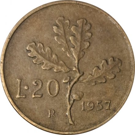 Италия 20 лир 1957 год (пушистый" хвостик у "7") - Дубовая ветвь